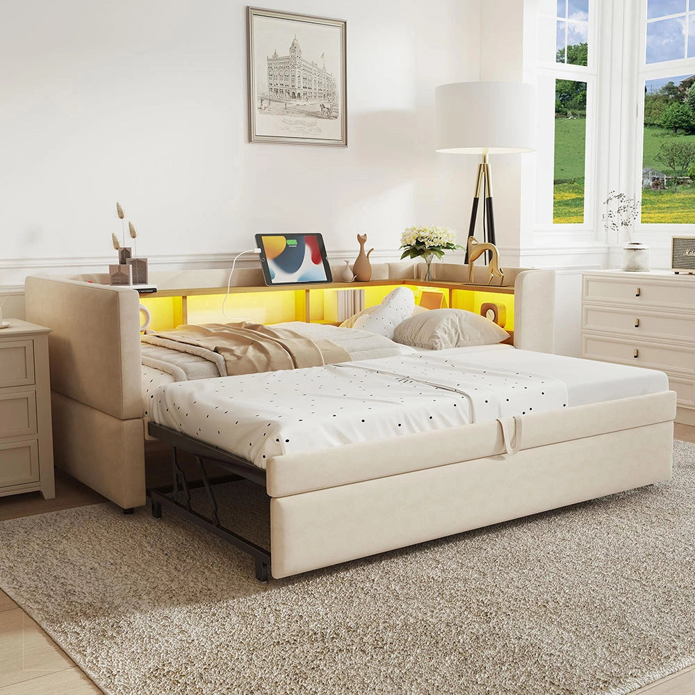 Divano letto - Xylo - 90/180x190 cm LED USB beige