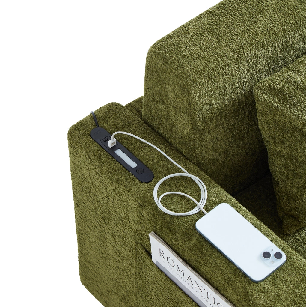 Divano letto 2 posti trasformabile con USB; portabicchieri e tasche laterali; verde
