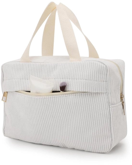 Mini borsa cosmetica, borsa make-up mini con tasche, borsa make-up corduroy con compartimenti, borsa cosmetica per viaggio (25×17×9 cm/9,8×6,7×3,5 pollici) (bianca)