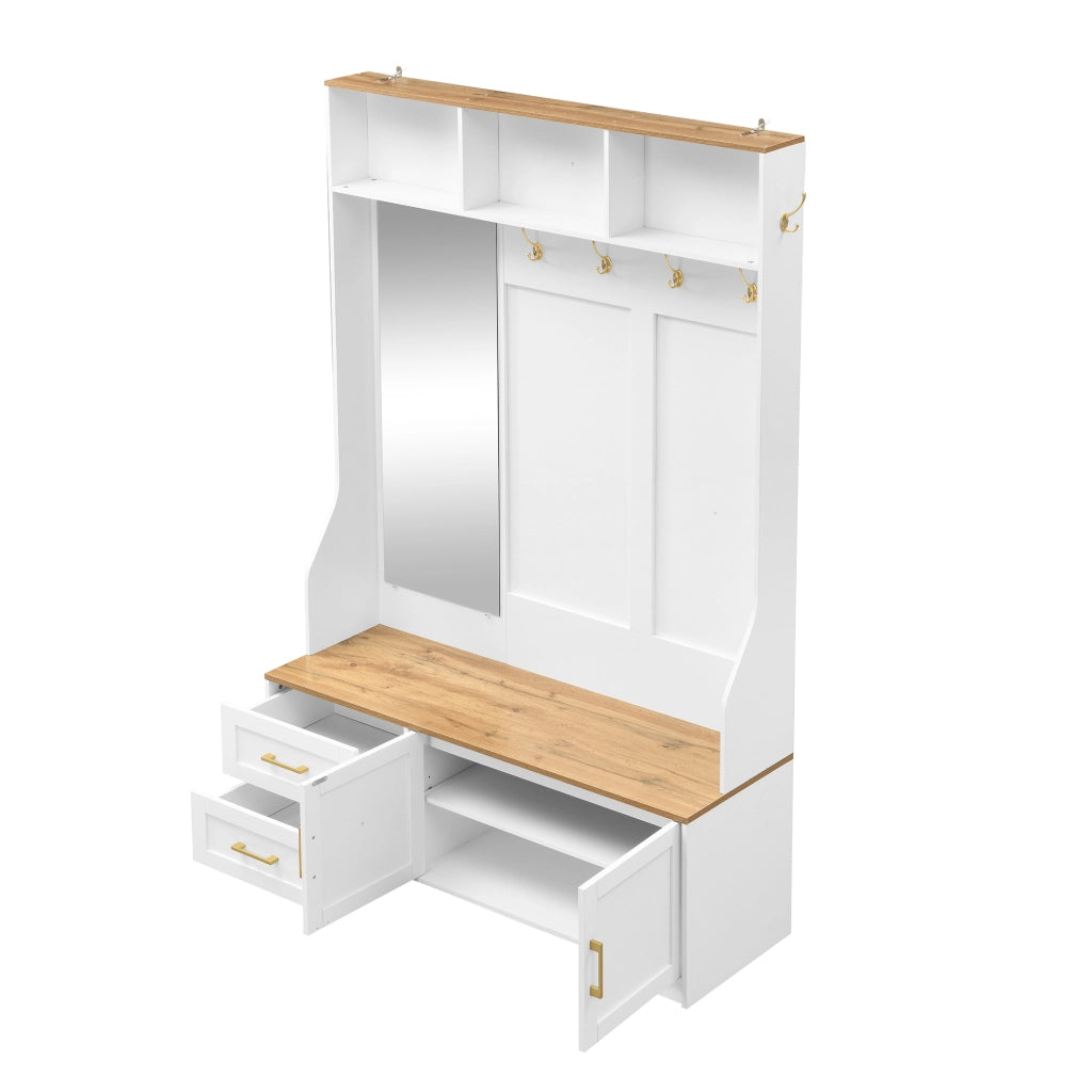 OKWISH Mobile da Ingresso con 2 Ante e 2 Cassetti, Specchio, Ganci, LED e Seduta, per Ingresso, MDF, Bianco e Legno, 120×40×187 cm