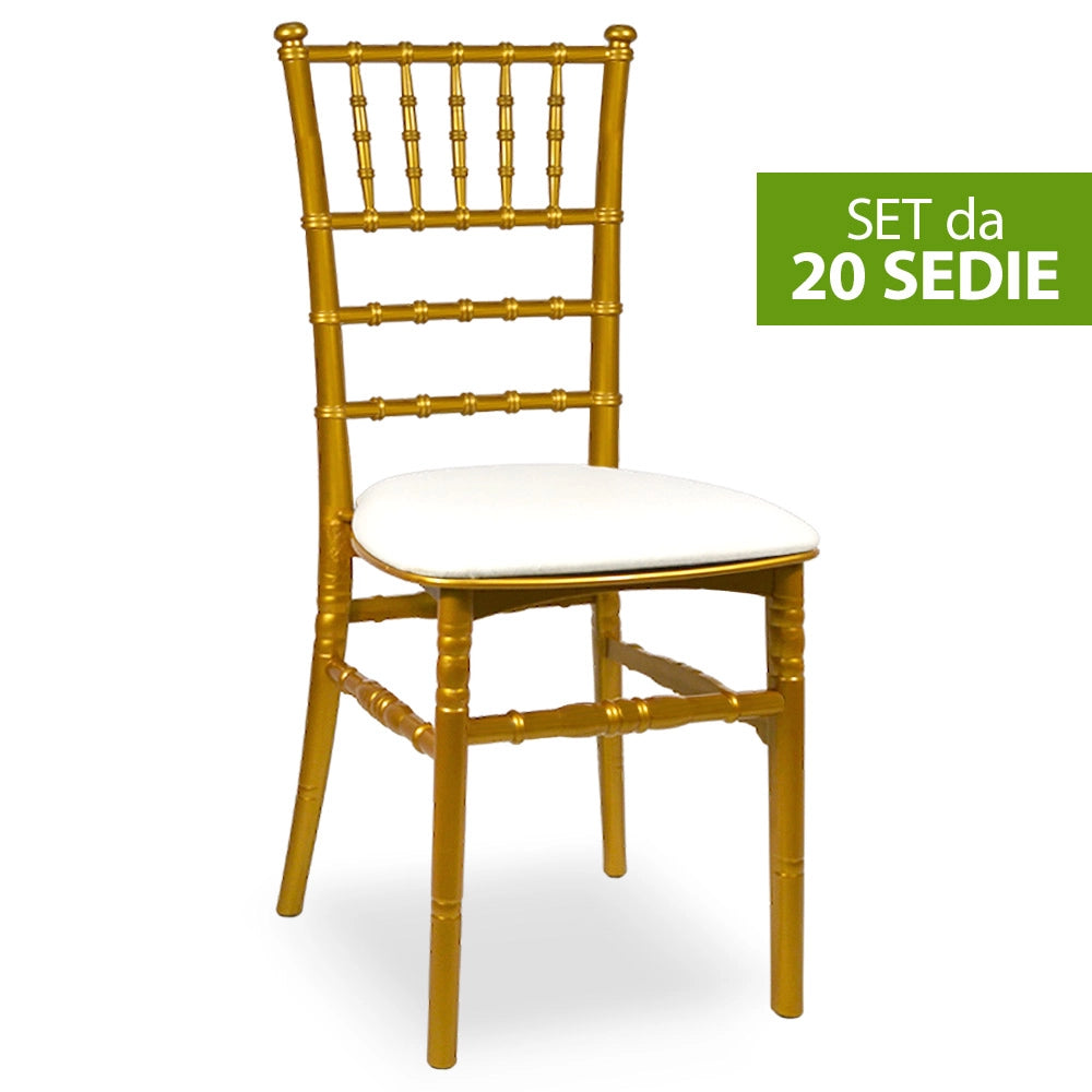 Set da 20 Sedie Chiavarine Plastica Gialle ottone con cuscino similpelle bianco