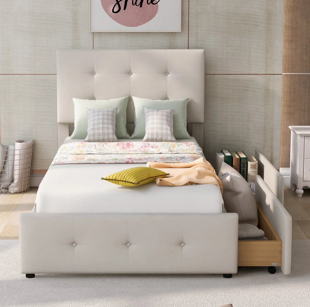 Letto imbottito 90x200 cm con cassetto; velluto beige (Senza materasso)