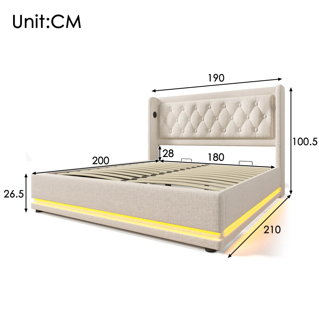 LETTO Contenitore 180x200 cm Cotone Beige con USB e LED