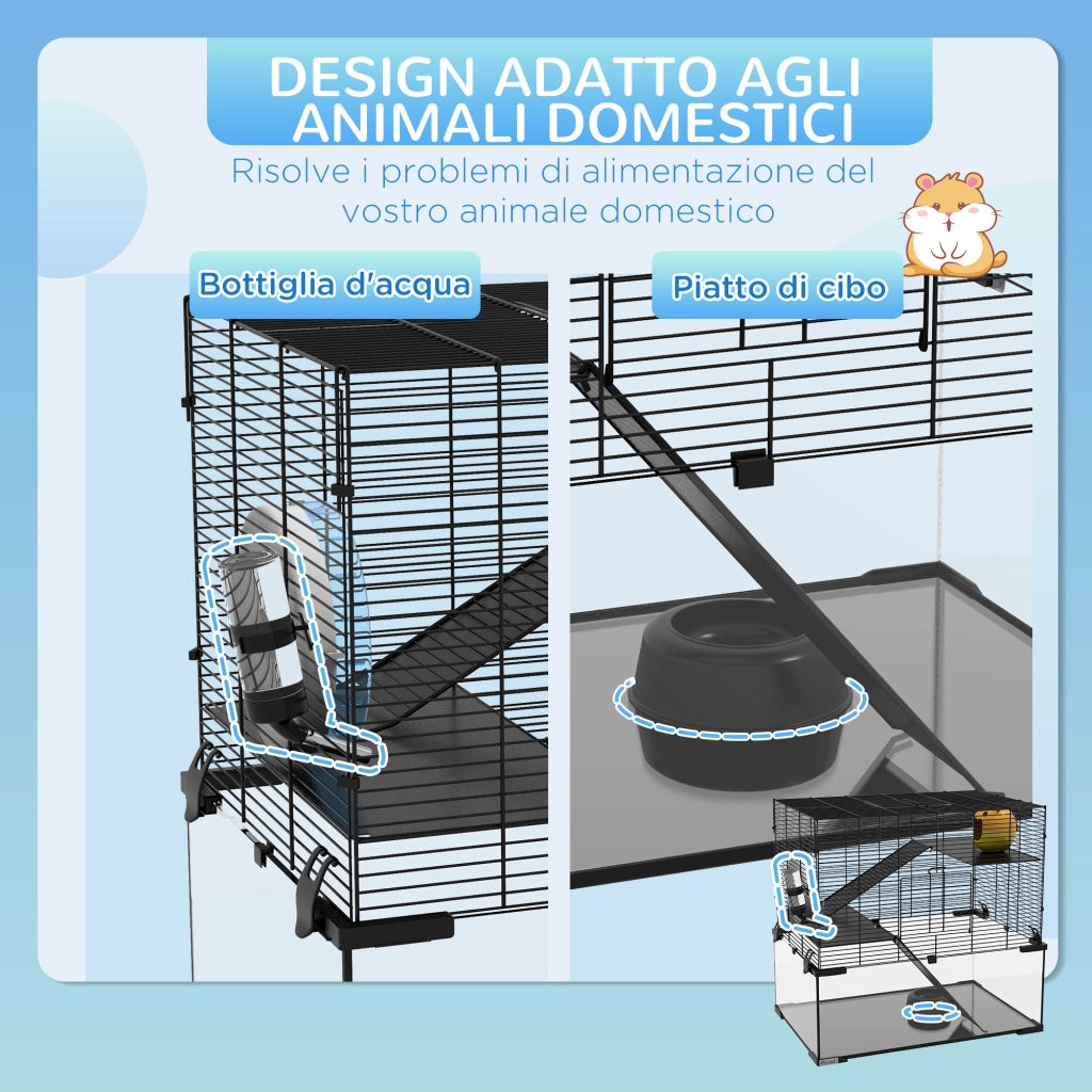 Gabbia per Criceti a 3 Livelli con Ruota ¨C Minimal ¨C 60x40x57cm, Nero