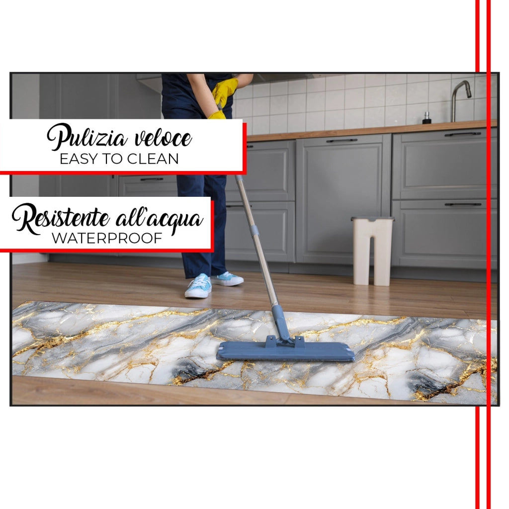 Tappeto Cucina Gomma Stampato Alta Risoluzione HD Antimacchia Antiscivolo Marmo Venato Oro - 51x400 Cm