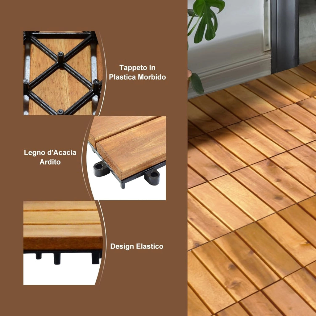 Pavimento Esterno in Legno di Acacia, 27 Piastrelle 30 x 30 cm, Senza Attrezzi, Superficie 2,43 ㎡, Mattonelle in legno per Interno Esterno Balcone Soggiorno (Stile 2)