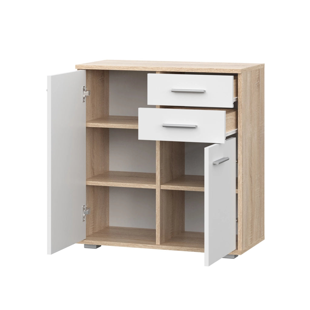 Commode FAUSKE - 2 Cassetti - 2 Porte - Quercia Sonoma - Bianco - Larghezza 69 cm, Altezza 74 cm, Profondit? 34 cm
