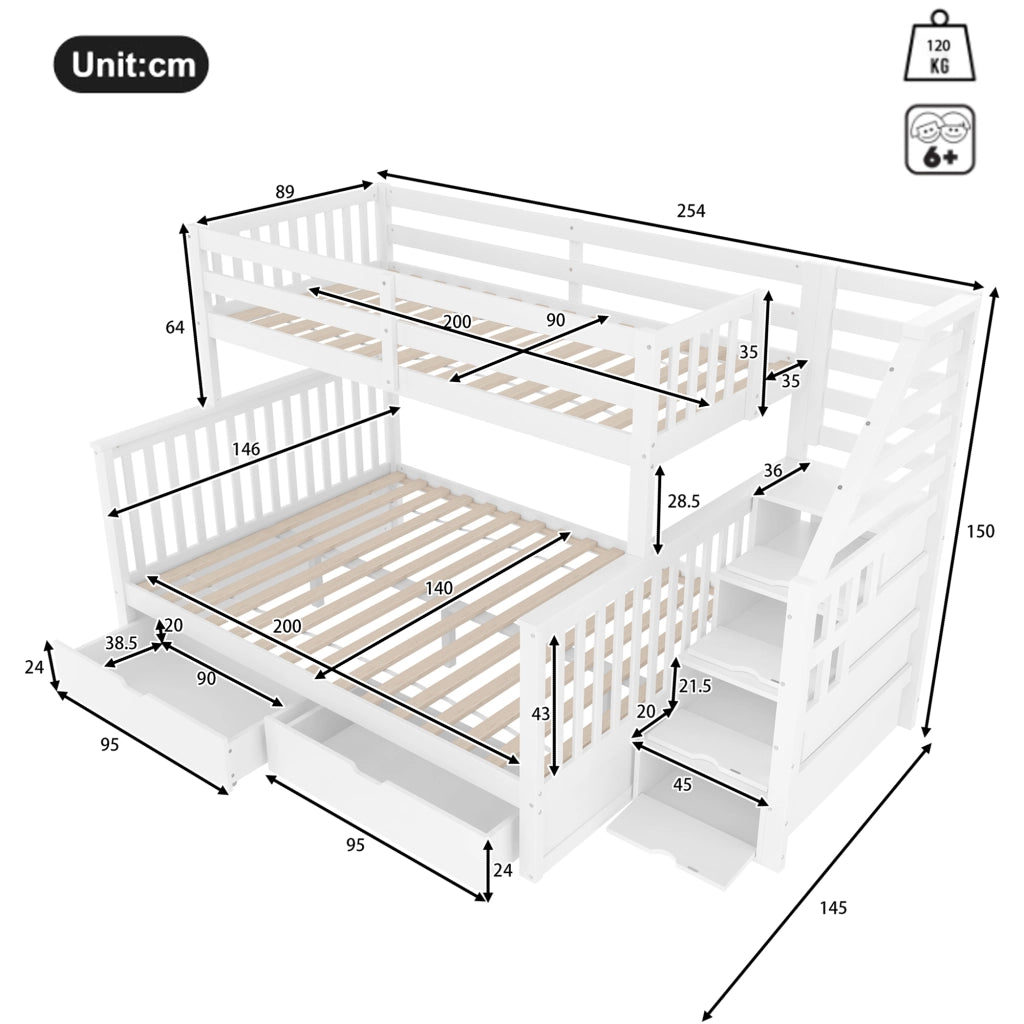 LETTO A CASTELLO 90x200/140x200 cm Bianco in legno di pino con cassetti