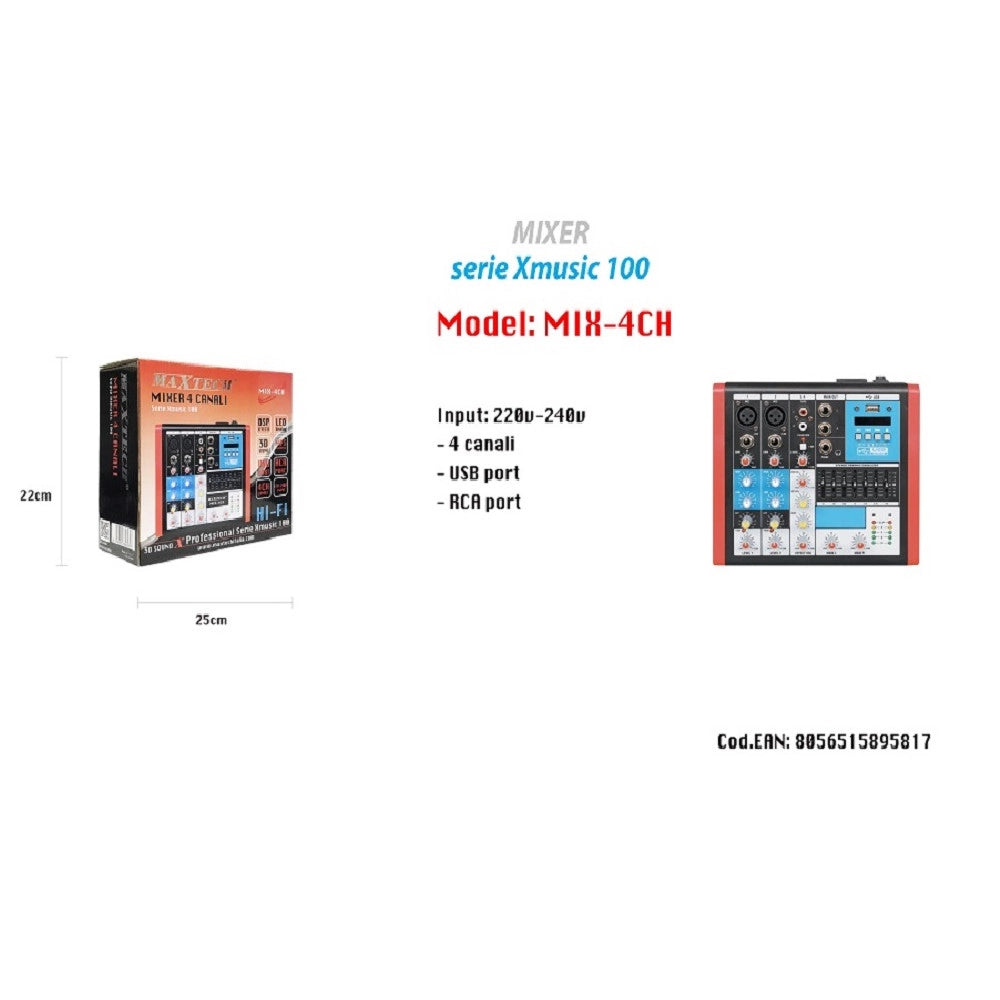 Trade Shop - Mixer Audio 4ch Equalizzatore 2 Ingressi Mic Xlr Phantom Usb Mp3 Display Maxtech Mix-4ch -