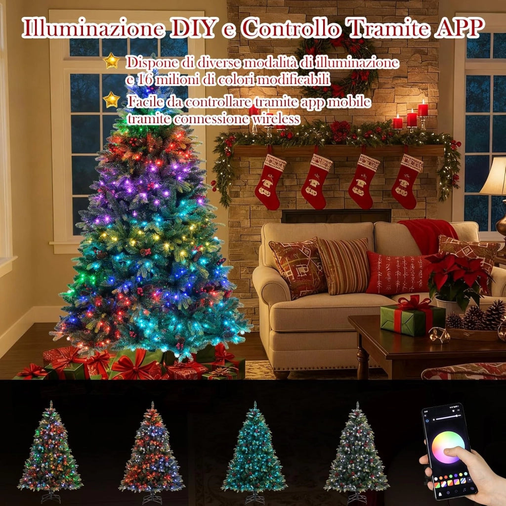 Albero di Natale Artificiale 150/180 cm, con 250/370 Luci RGB Multicolori Controllabili tramite APP, 584/1054 Rami in PE & PVC, 23/41 Pigne e 23/41 Bacche Rosse e Controllo Remoto (180 cm)