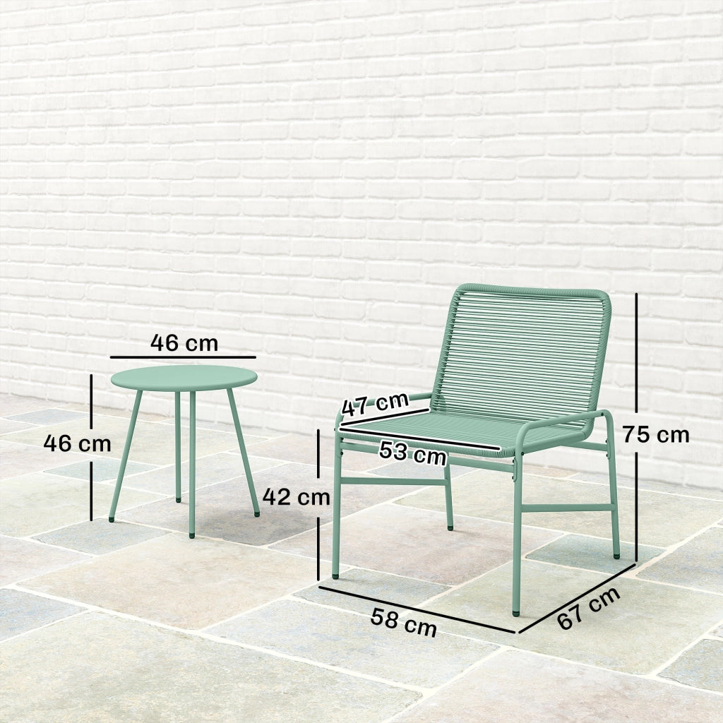 Set Giardino 3 Pezzi in Resina Intrecciata e Acciaio ¨C zephmum ¨C Verde, Tavolo Rotondo con 2 Sedie, 58x67x75cm