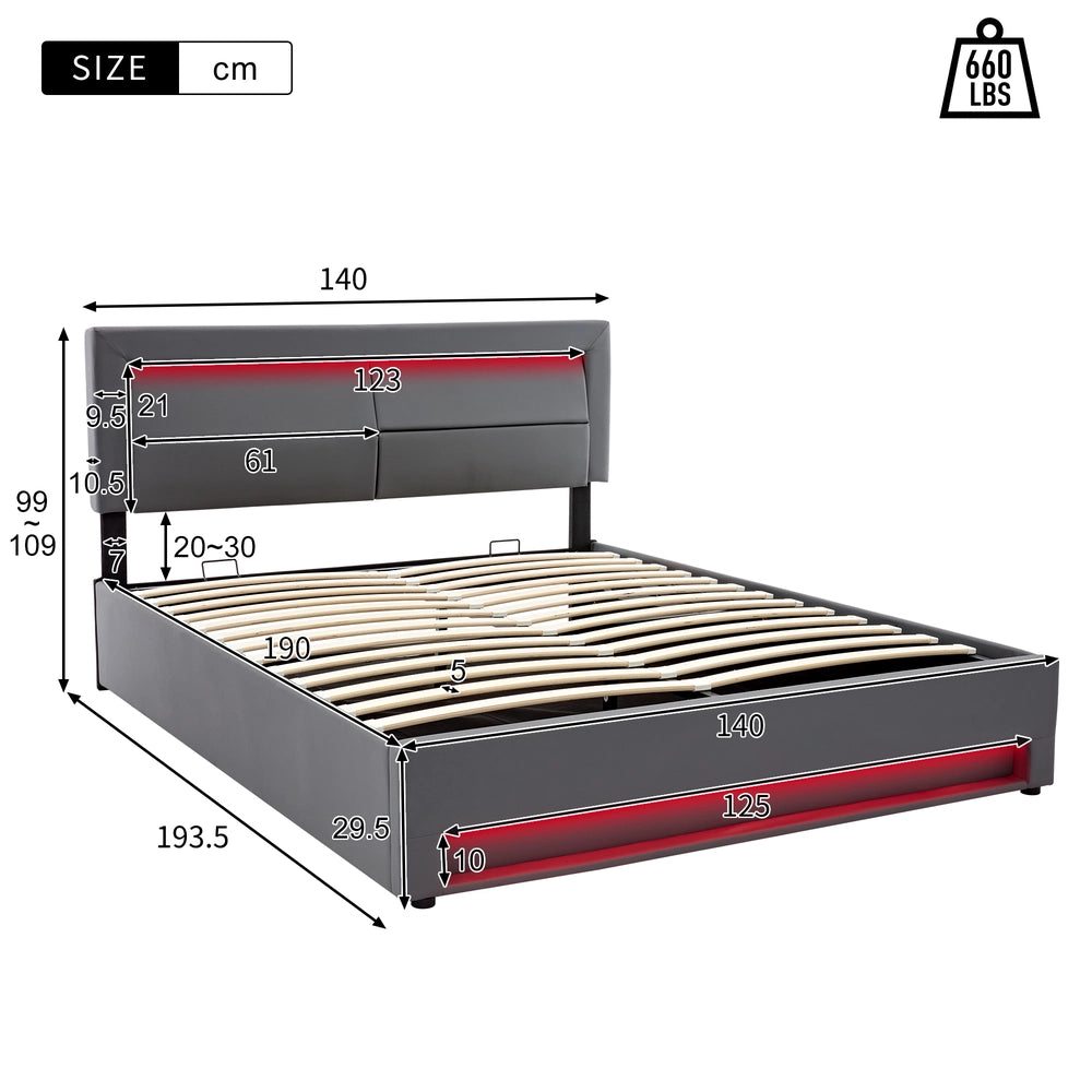Letto Imbottito con LED e Contenitore ¨C Xylo ¨C Grigio, 140x190, USB