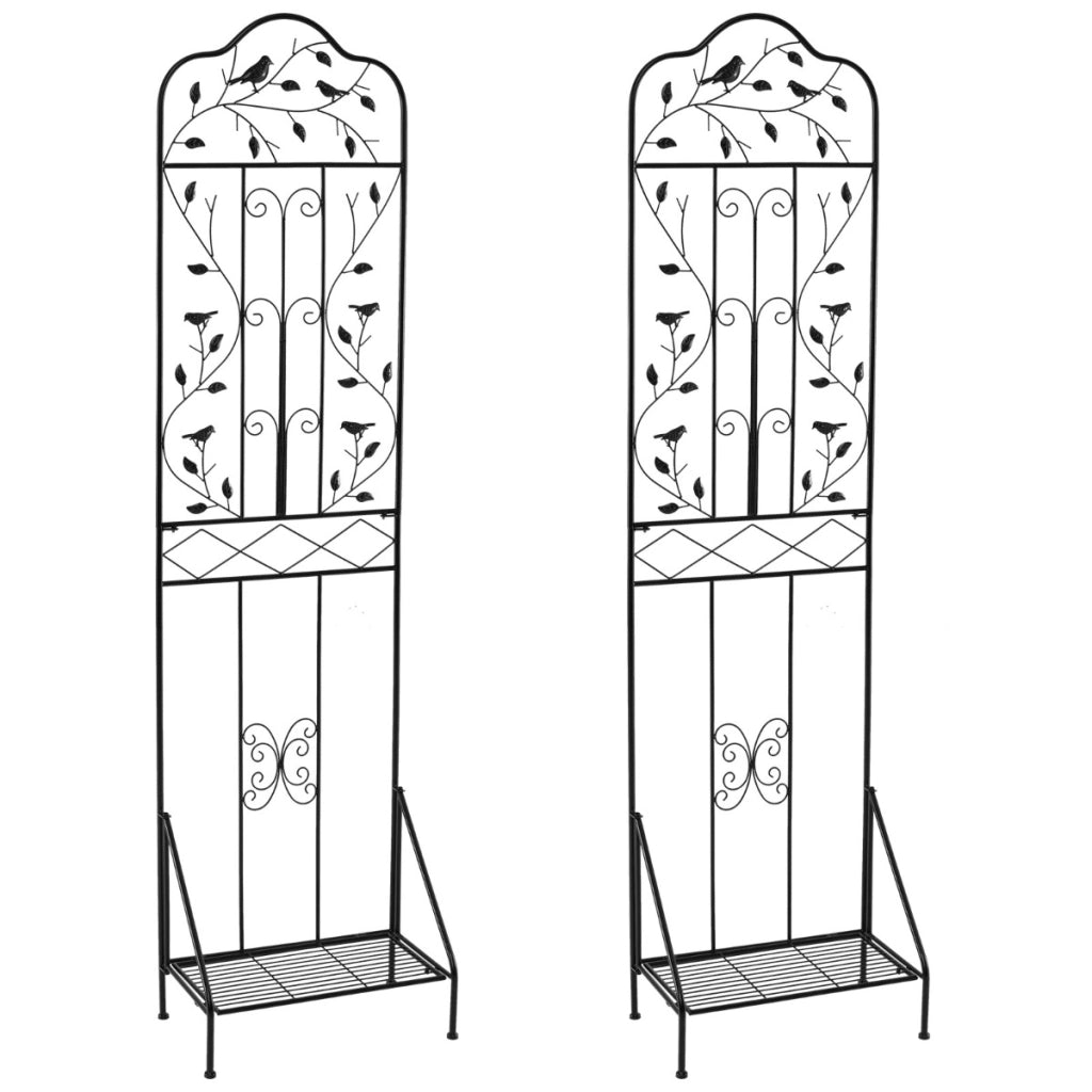 Set di 2 graticci da giardino per piante rampicanti con ripiano pieghevole, Set di 2 recinzioni esterne per viti e fiori Nero-Decorazioni da giardino