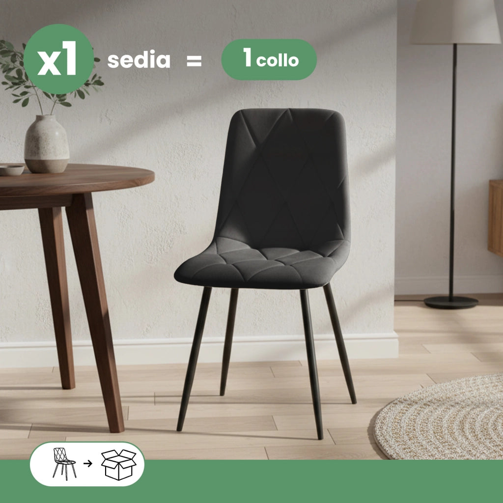 Sedia in velluto trapuntata MILO Nero gambe nere