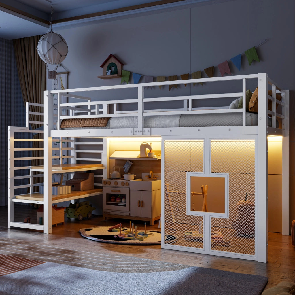 LETTO A SOPPALCO 90x200 cm in metallo bianco con scala e LED