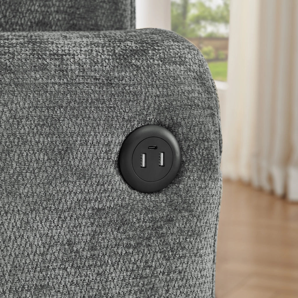 Divano 2 Posti con tasca laterale, portabicchiere, USB e cuscini in Chenille, Grigio