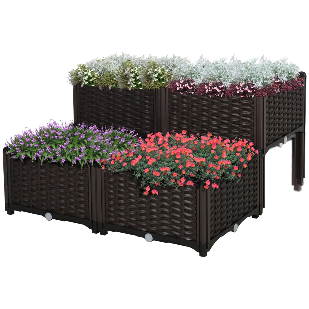 Set 4 Fioriere Quadrate da Giardino ¨C Xylo ¨C Effetto Rattan Marrone 40x40x26/44 cm