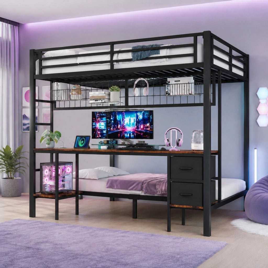Letto a soppalco 140x200 cm in metallo e MDF nero con scrivania; cassetti; ripiani e LED