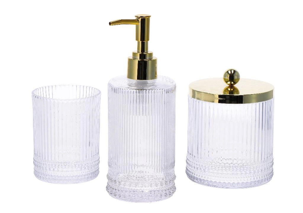 Set 3 Pezzi Accessori Bagno in Vetro Trasparente Dettagli Oro
