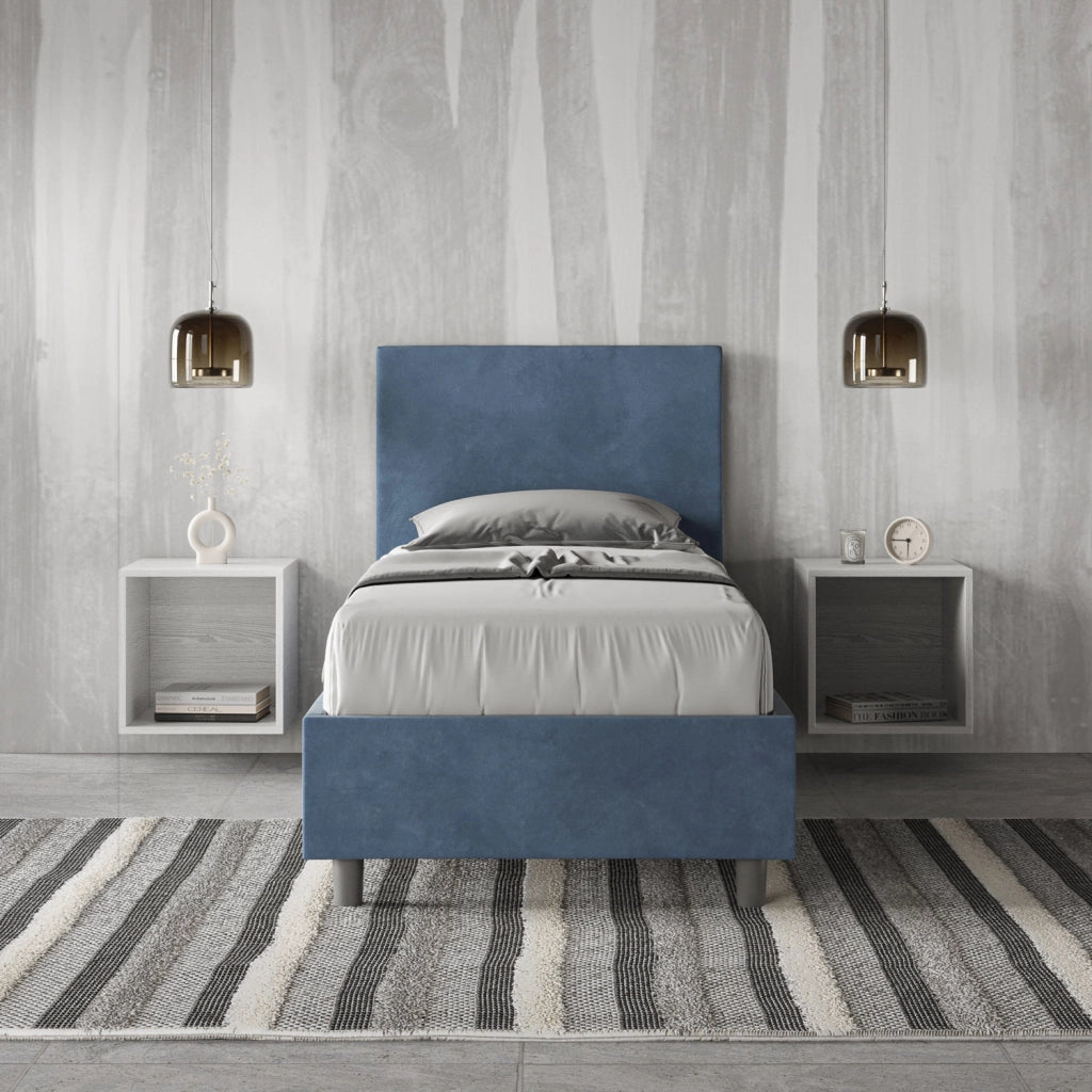 BS COM Letto singolo contenitore imbottito 80x210 microfibra blu