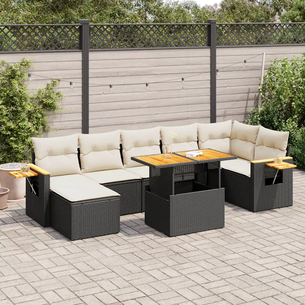 Set Divani da Giardino con Cuscini 8 pz Nero Polyrattan Acacia 3327626