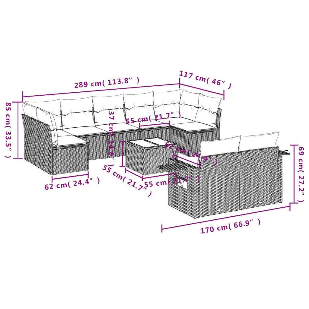 Set Divano Giardino 10 pz con Cuscini Grigio Chiaro Polyrattan 3252969