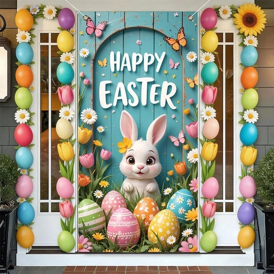 Decorazione per Feste 180 x 90 cm - Decorazione di Pasqua - Sfondo per Foto - Tendaggio per Porte - Bicchiere per Esterno/Interno - Telaio Duraturo - Bandiera per Feste