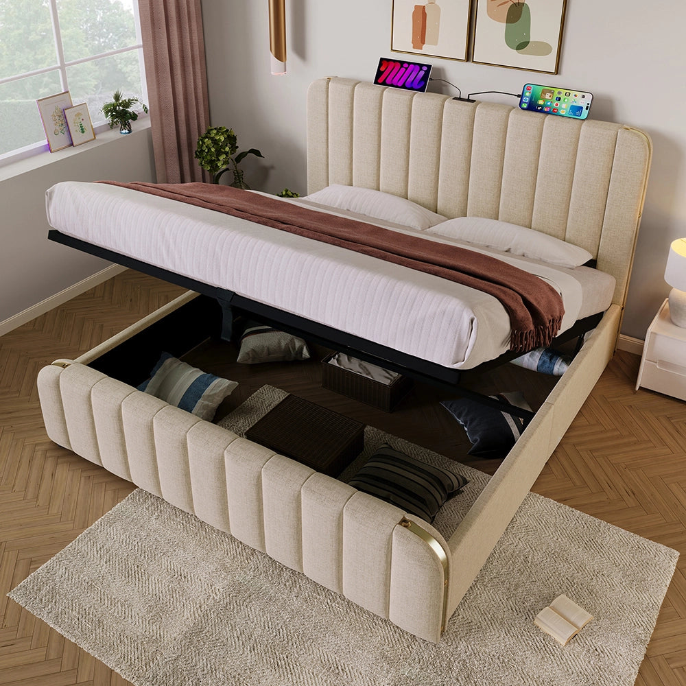 Letto con testiera imbottita - Xylo - 180x200 cm - Beige - Funzione di ricarica USB Type-C