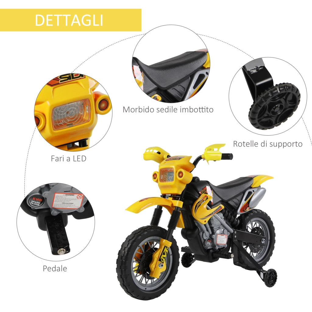 EasyComfort Moto Elettrica per Bambini 3 anni e Più, Moto Cross Elettrica con Rotelle, Batteria 6V Velocità 2.5km/h, 102 x 53 x 66cm, Giallo