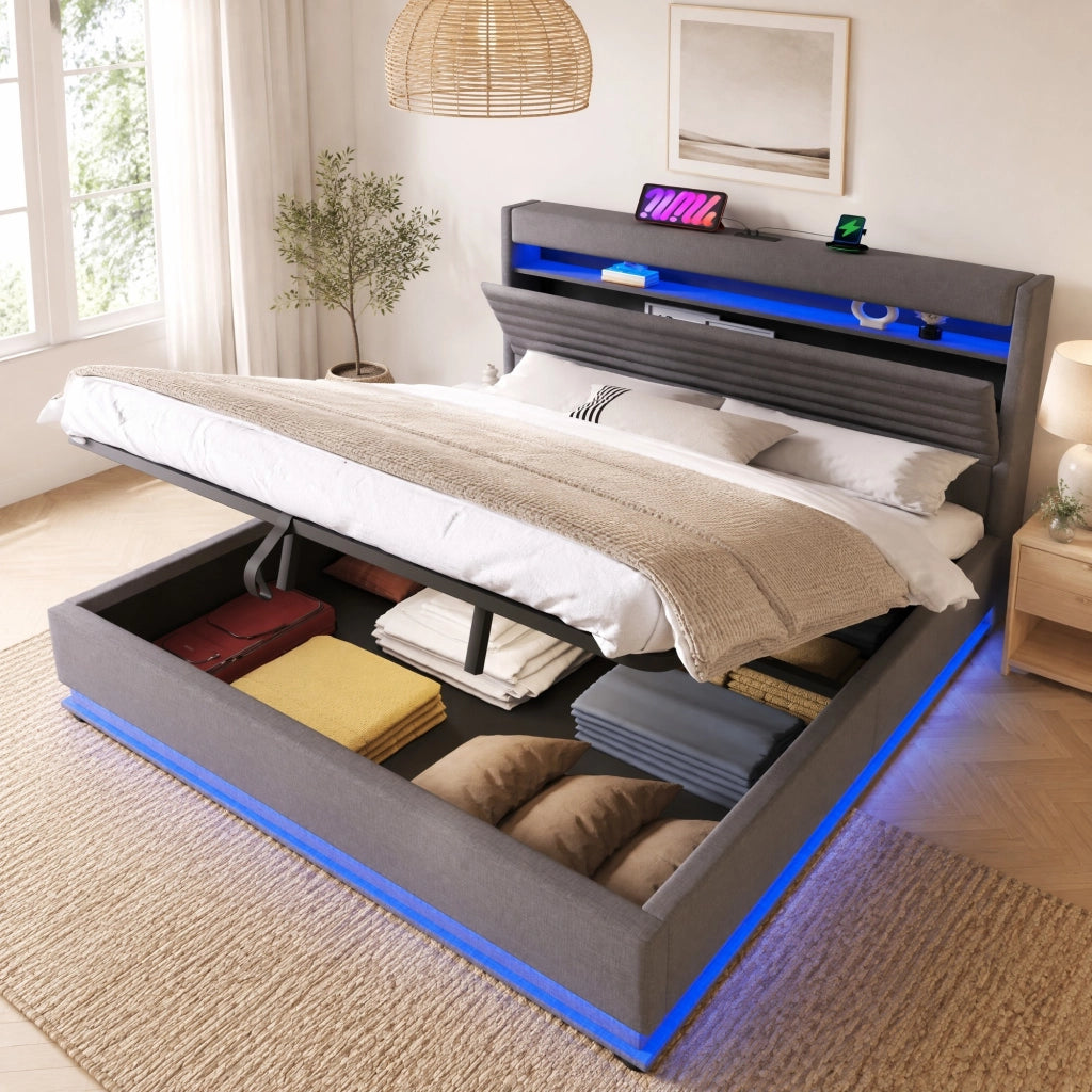 LETTO imbottito 180x200 cm in lino grigio con USB Type-C e LED, senza materasso