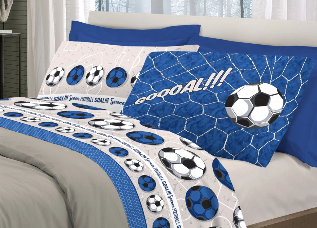 Completo Lenzuola Linea Pensieri Delicati 100% Cotone Disegno Calcio - Singolo - Blu