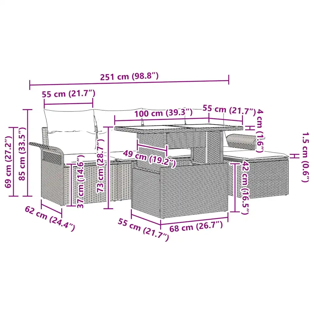 Set Divano da Giardino con cuscino 6 pcs Marrone Poly Rattan 3357001