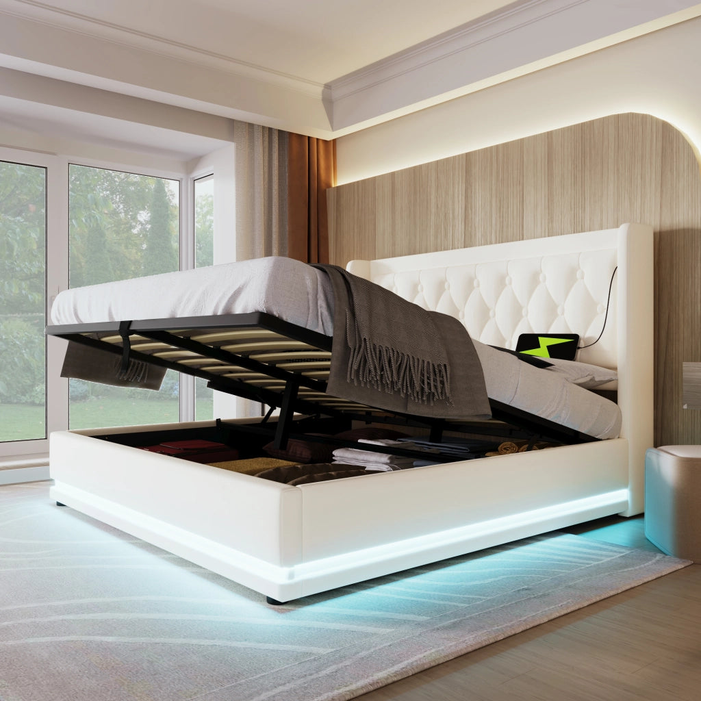 LETTO Contenitore 160x200 cm in PU Bianco con USB Type-C e LED