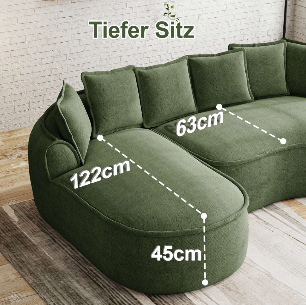Divano modulare senza struttura in ciniglia verde con chaise longue; 2 moduli e cuscini