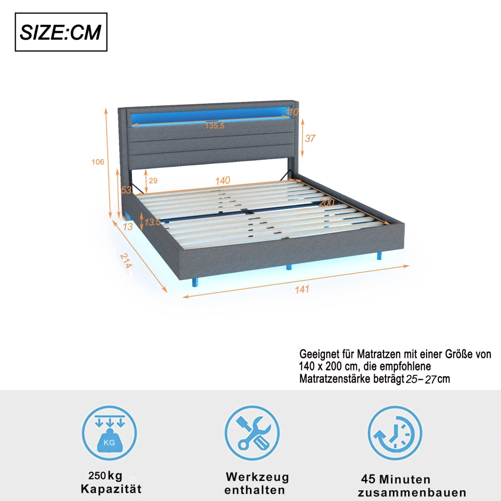 LETTO Imbottito 140x200 cm Grigio con USB e LED, rete a doghe