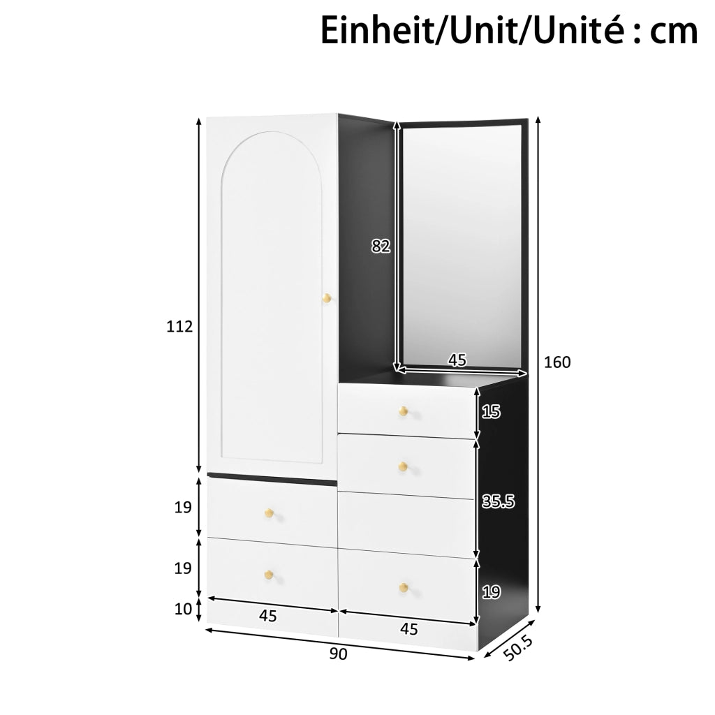 Toeletta con armadio laterale, specchio intero, 6 scomparti e 4 cassetti, per camera da letto, 90 × 50,5 × 160 cm