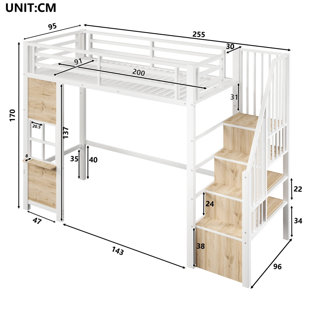 LETTO a soppalco 90x200 cm in metallo e MDF bianco con scala contenitore