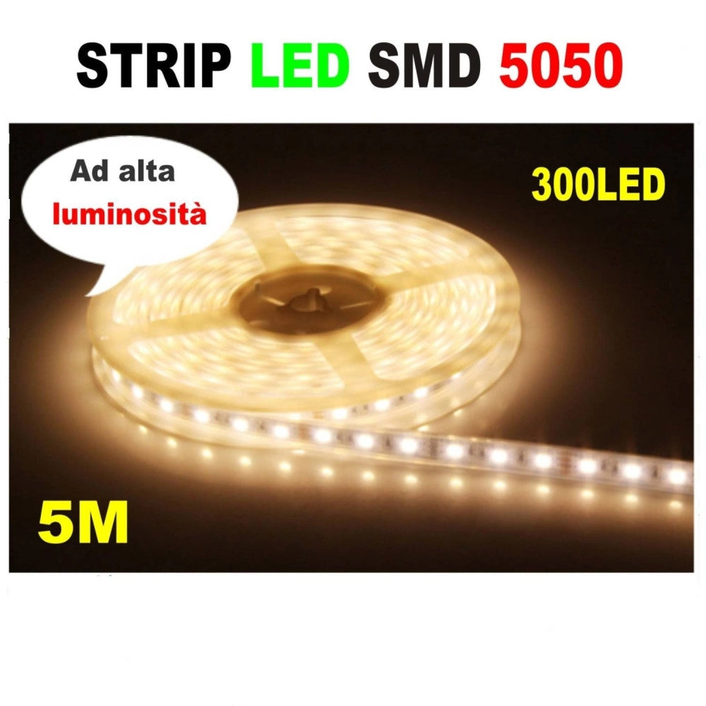 Trade Shop - Striscia Strip Led Resistente All'acqua - 5 Metri - Smd5050 Bianco Caldo - 300 L -     -2 Ampere  -