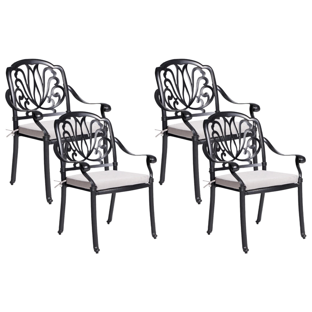 Set di 4 Sedie da Giardino Vintage in Alluminio Nero con Cuscini