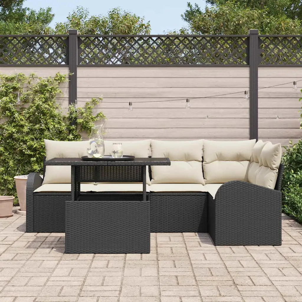 Set Divano da Giardino 6 pcs Nero e Crema polyrattan