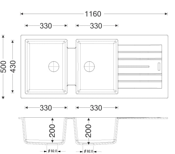 Lavello da incasso in materiale sintetico 2 vasche 116 cm – Avena
