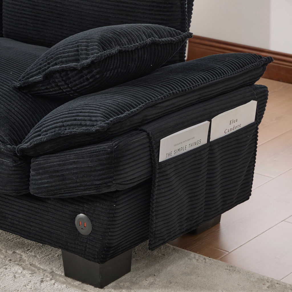 Divano Modulare 2 Posti ¨C MINIMAL ¨C Tessuto a Coste, Nero, con Braccioli e Tasche Laterali