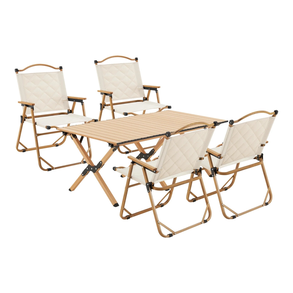 Set tavolo e 4 sedie da campeggio in tessuto Oxford 600D effetto legno beige 03_0010694