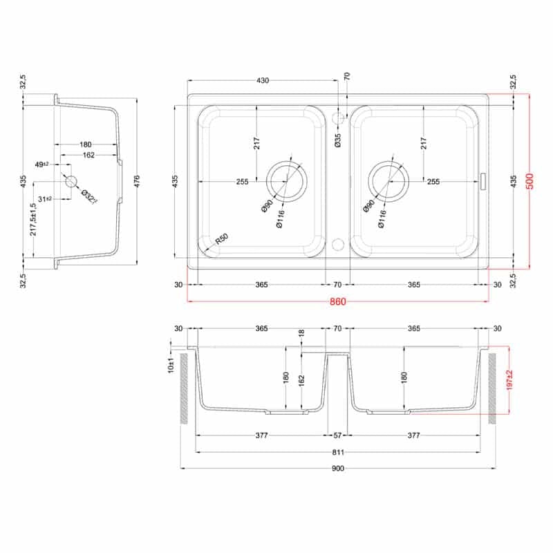 Lavello Elleci Incasso 2 vasche 86x50 Life 450 Granitek Bianco LG245068