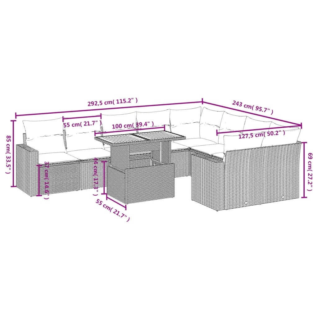 Set Divano da Giardino 10 pz con Cuscini Beige in Polyrattan