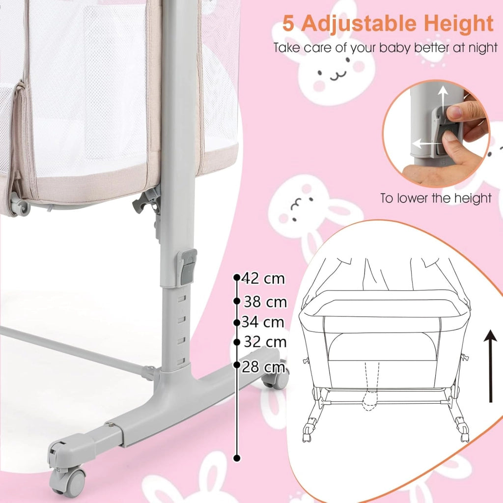 3 in 1 Culla Neonato Fianco Letto, Lettino Neonato Dondolo con Materasso, Culla Co-Sleeping Fino a 9 kg, Altezza Regolabili, 84 x 59,5 x 80,5cm (Beige)