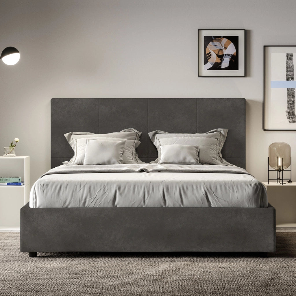 BS COM Letto matrimoniale francese con rete imbottito 140x200 microfibra grigio