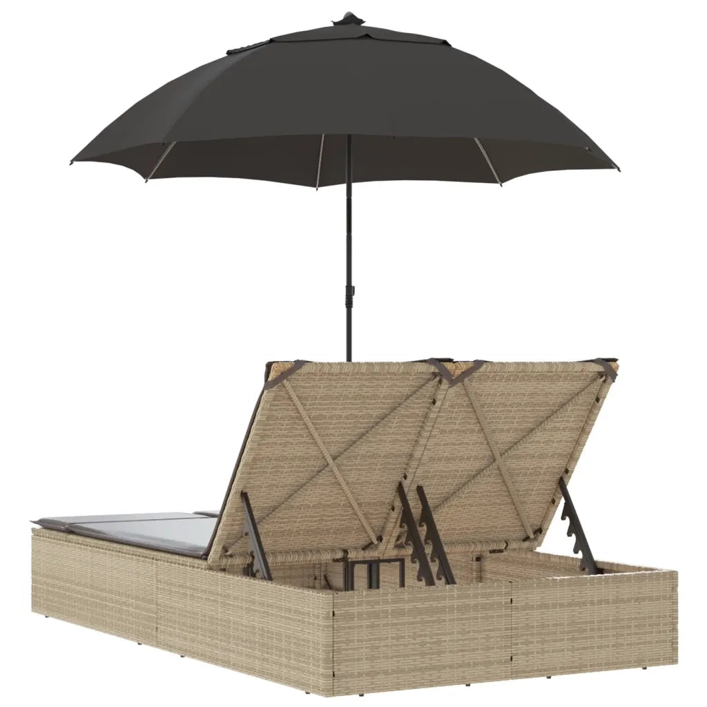Lettino Prendisole Doppio Cuscini e Parasole Beige Polyrattan 368084