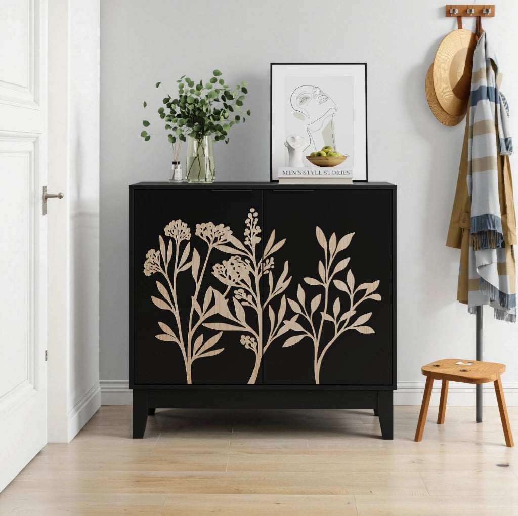 Buffet sideboard con doppia anta e intaglio floreale; struttura in MDF; nero