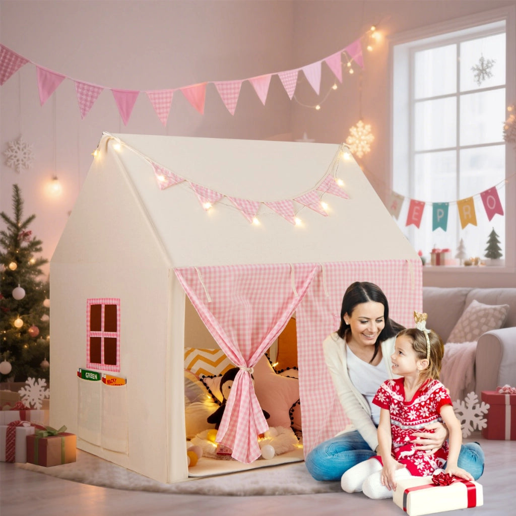 Tenda da gioco per bambini con tappetino imbottito 2 finestre traspiranti e 2 tasche, Casetta tenda da gioco Rosa